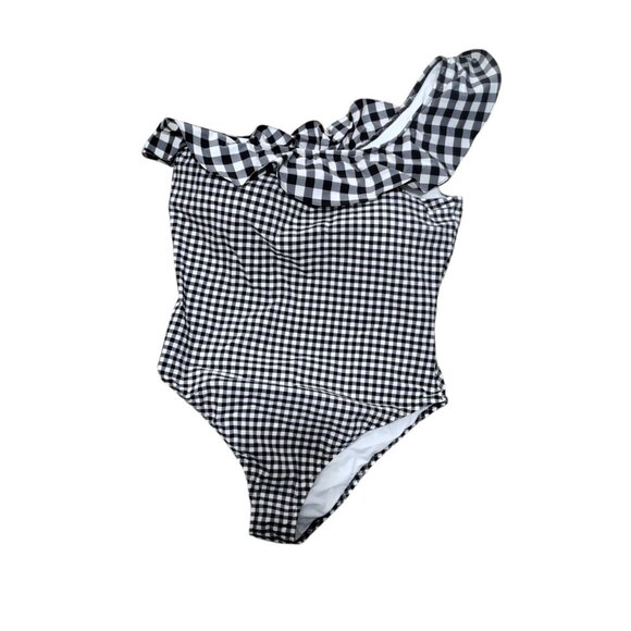 J.CREW Women Size 16 Black White Gingham One Shoulder Ruffle One Piece Swimsuit - Picture 1 of 6